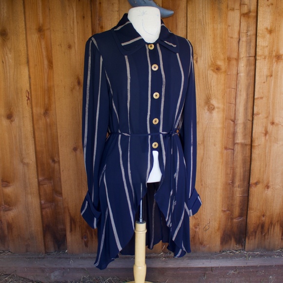 Catherine Bacon 100% Silk Blue & White Stripe Double Collar High Low Blouse XS - Picture 4 of 17